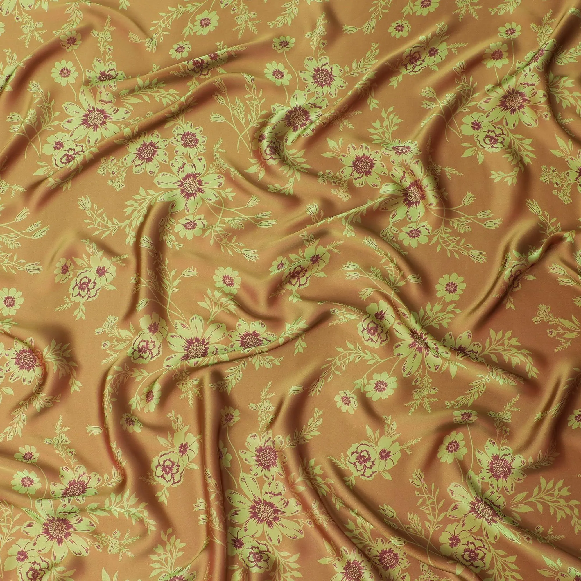 Olive brown Premium pure silk chiffon fabric with mehindi green and burgundy print in floral design-D14666