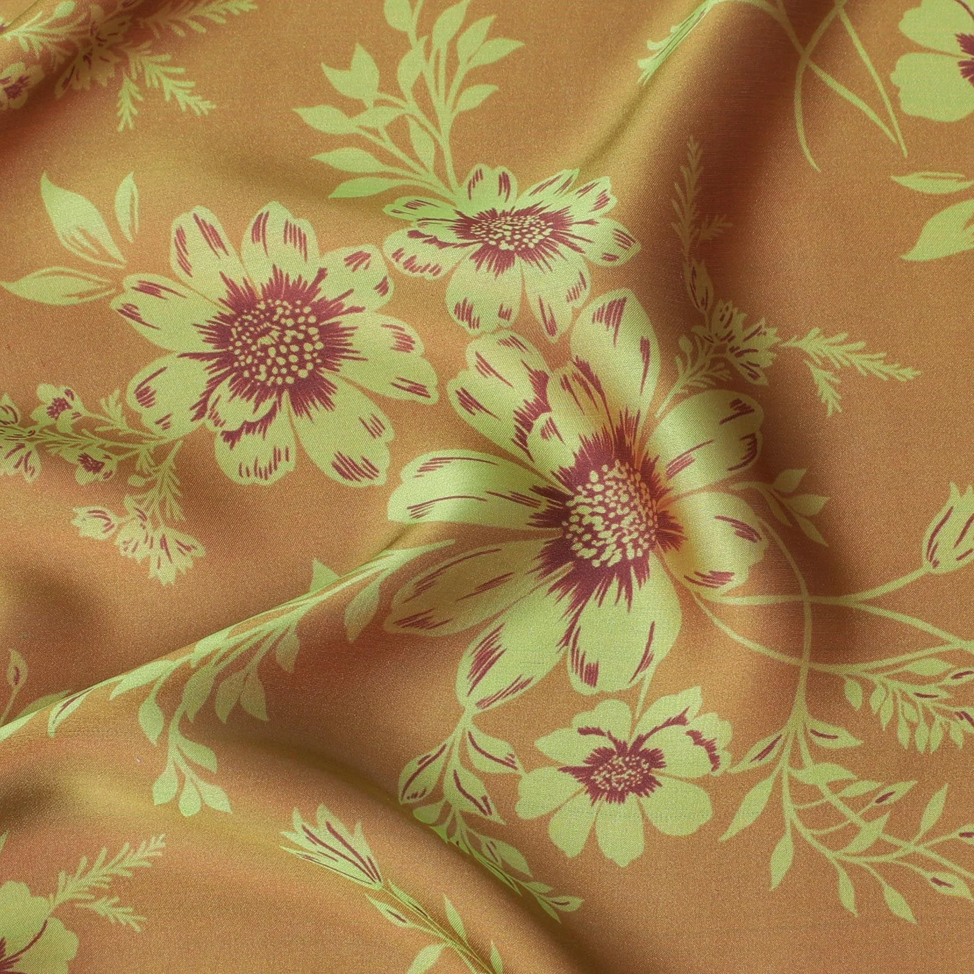 Olive brown Premium pure silk chiffon fabric with mehindi green and burgundy print in floral design-D14666