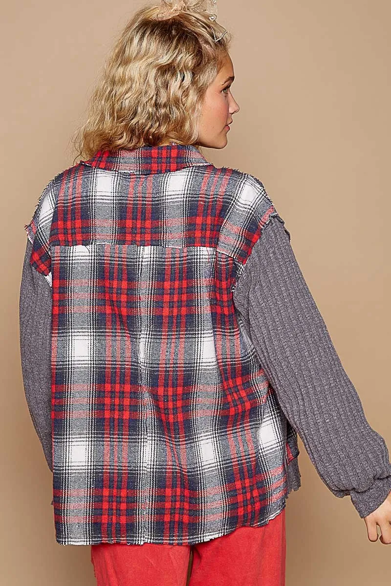 Oversized Plaid Contrast Button Down Jacket