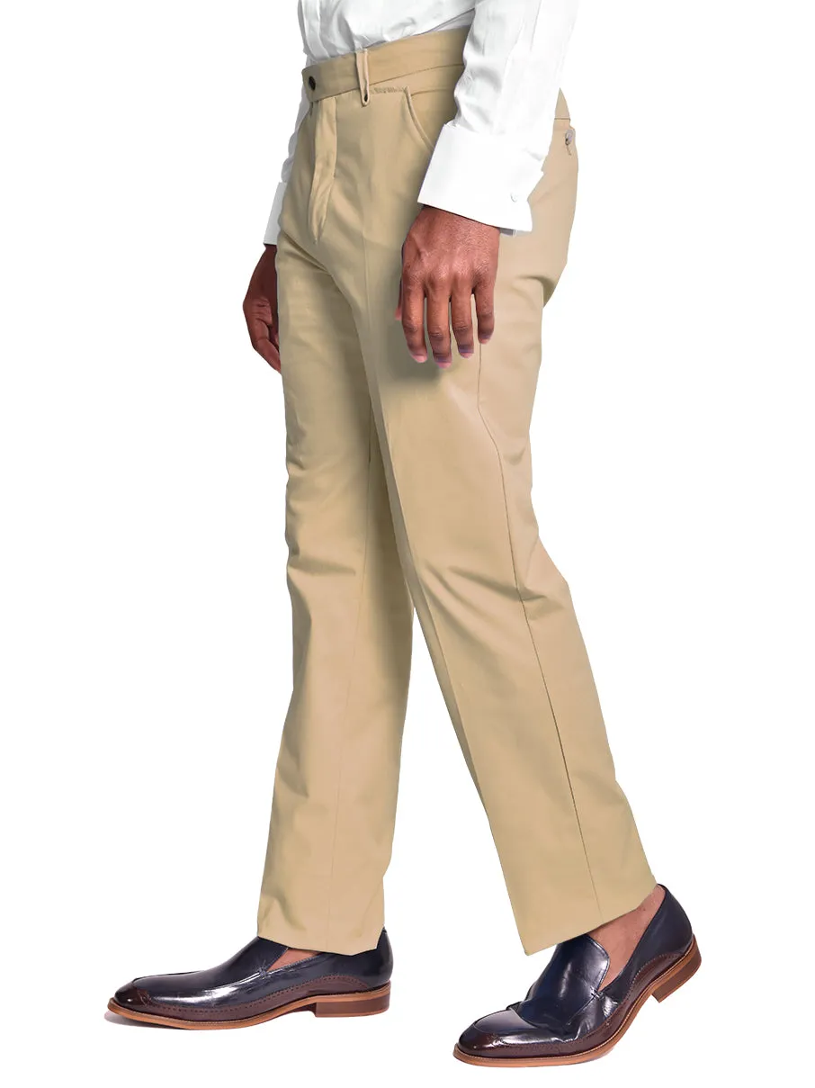 Pants | Regular Cut | 100% Cotton Chino Flat Front Pants | Khaki