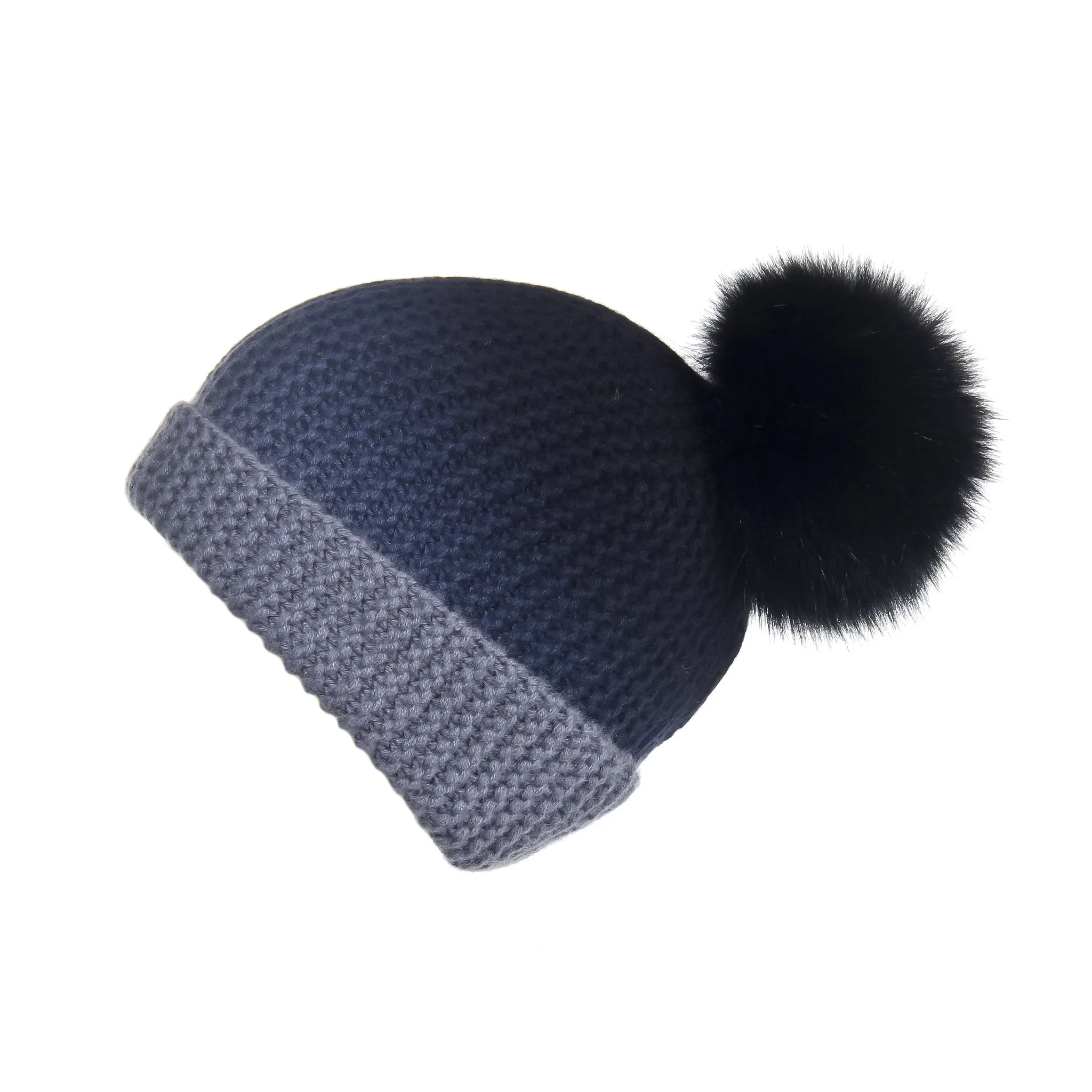 Pearl Stitched Black Ombré Cashmere Hat with Black Pom-Pom