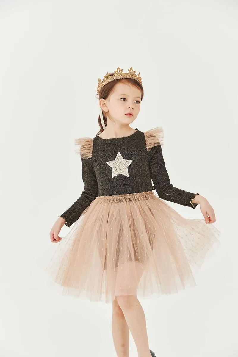 Petite Hailey Star Frill Tutu Dress - Black / Moca