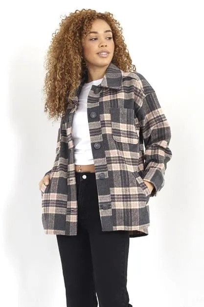 PINK AND CHARCOAL BUTTON UP FAUX WOOL CHECK SHACKET