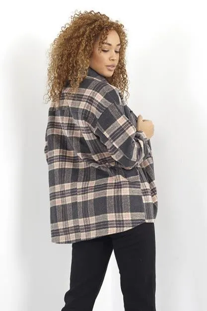 PINK AND CHARCOAL BUTTON UP FAUX WOOL CHECK SHACKET