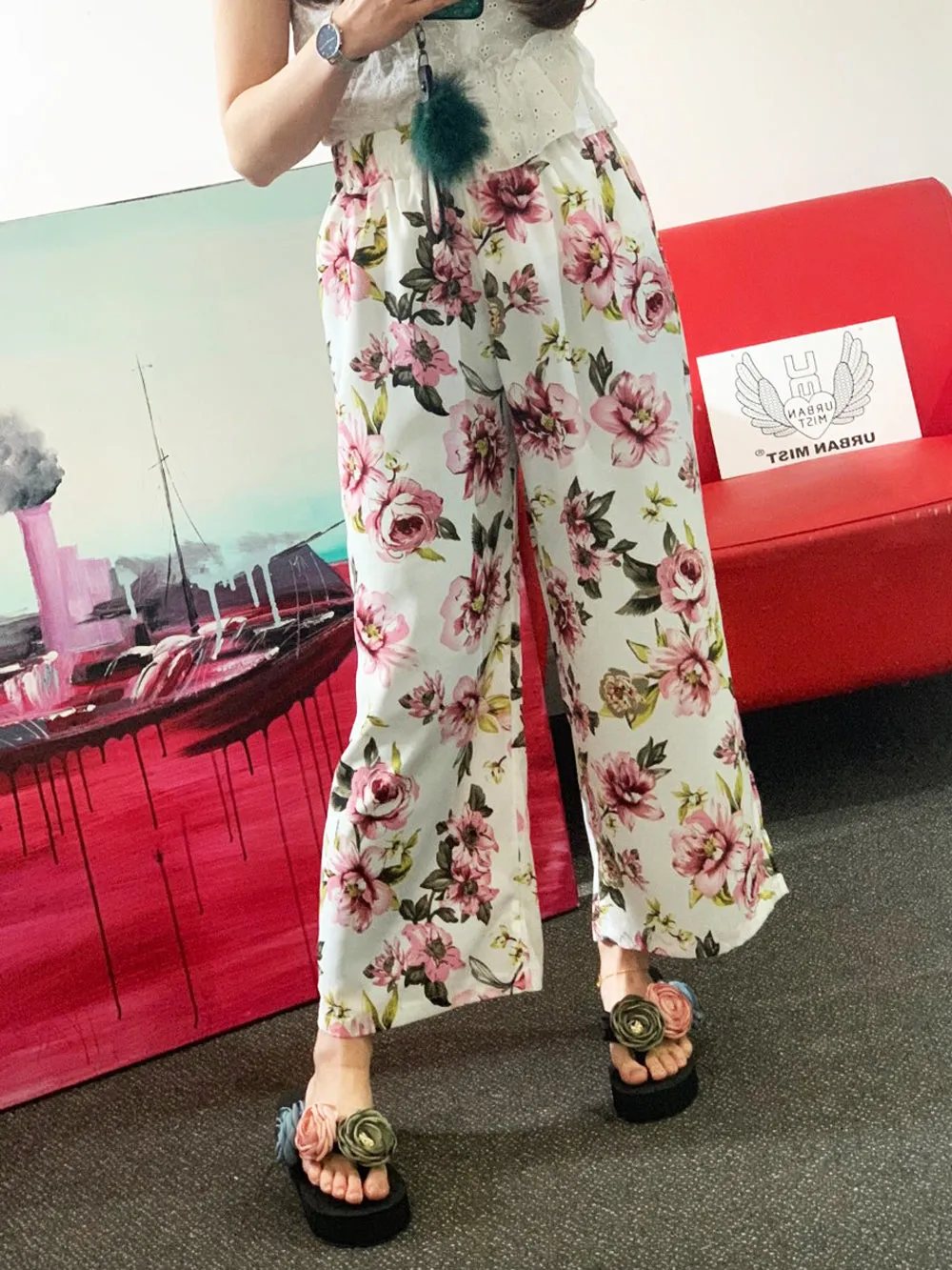 Pink Floral High Waist Elasticated Wide Leg Trousers