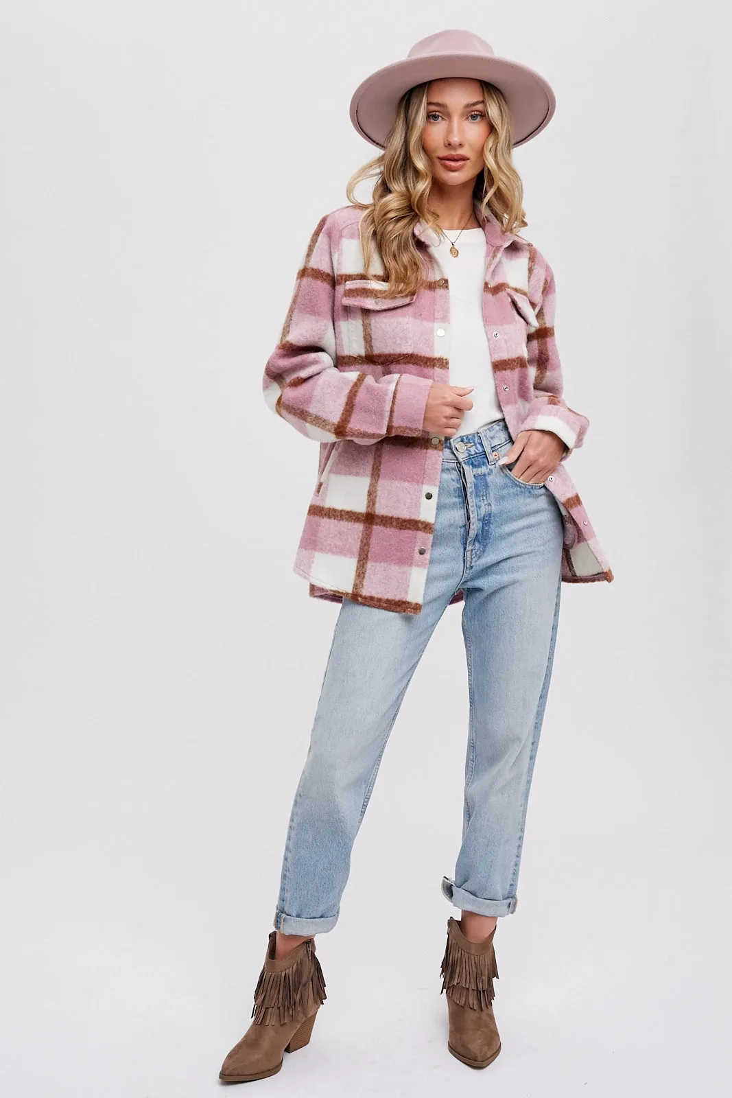 Plaid Brushed Flannel Shacket Mauve