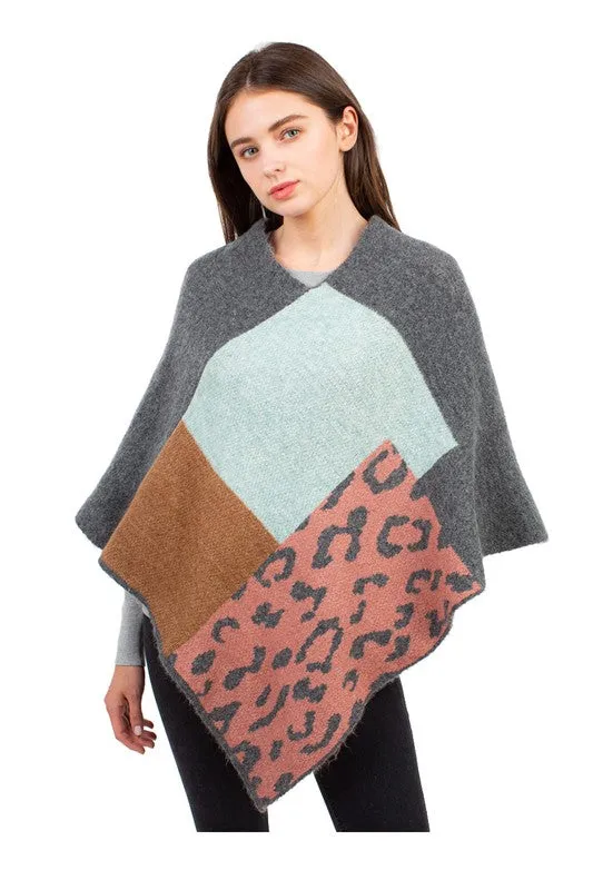 Plaid Design Poncho with Leopard Accent