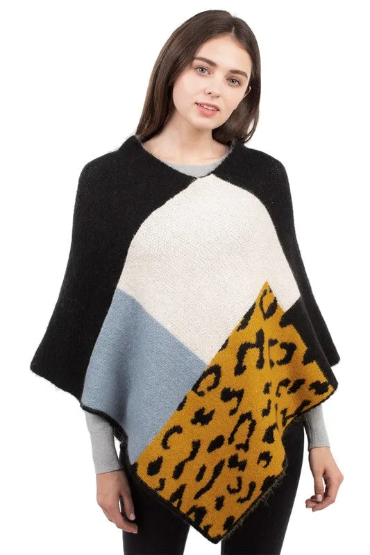 Plaid Design Poncho with Leopard Accent