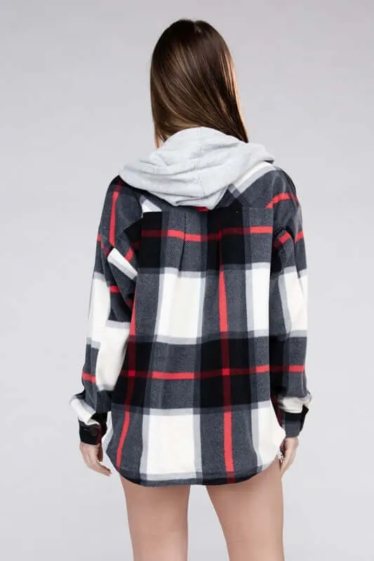 Plaid Drawstring Hooded Fleece Shacket