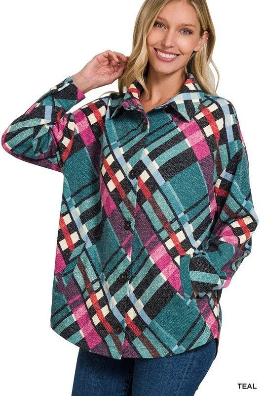 Plaid Jacquard Shacket with Functional Pockets