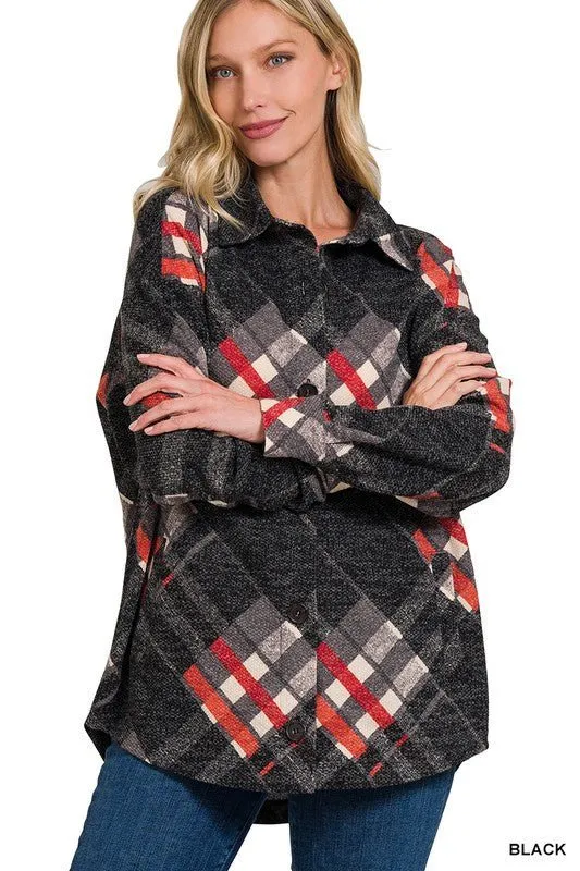 Plaid Jacquard Shacket with Functional Pockets