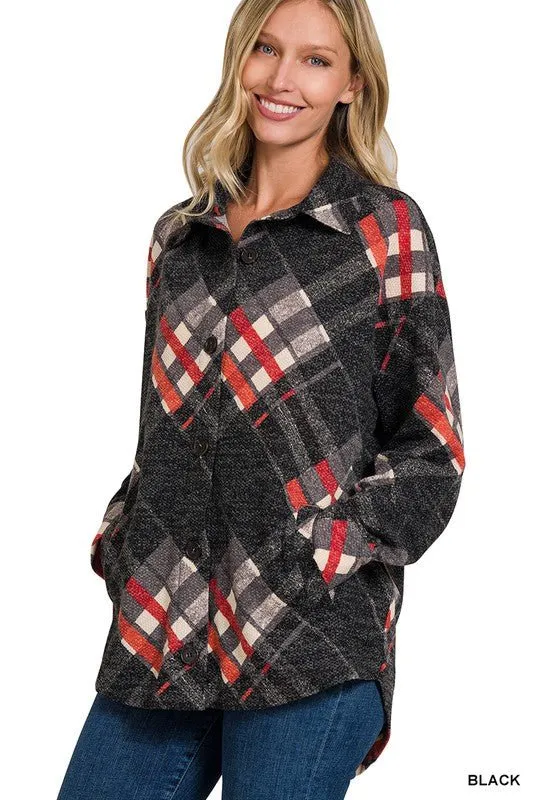 Plaid Jacquard Shacket with Functional Pockets