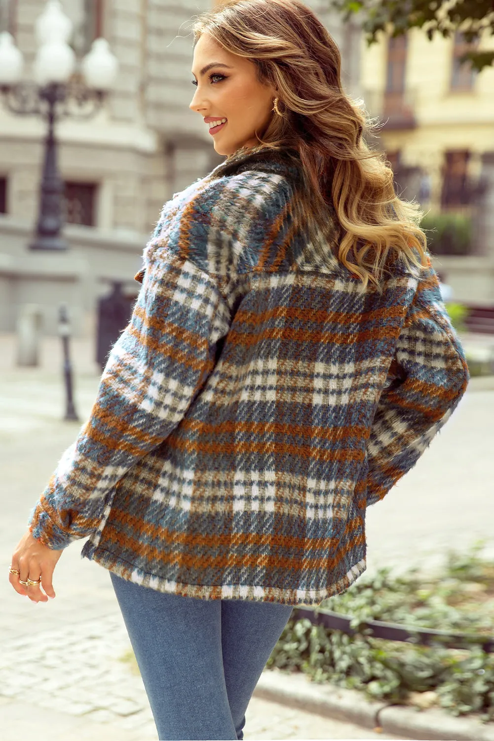 Plaid Print Chest Turn Down Collar Shacket