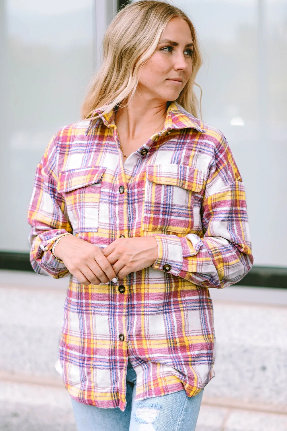 Plaid Rounded Hem Shirt Jacket