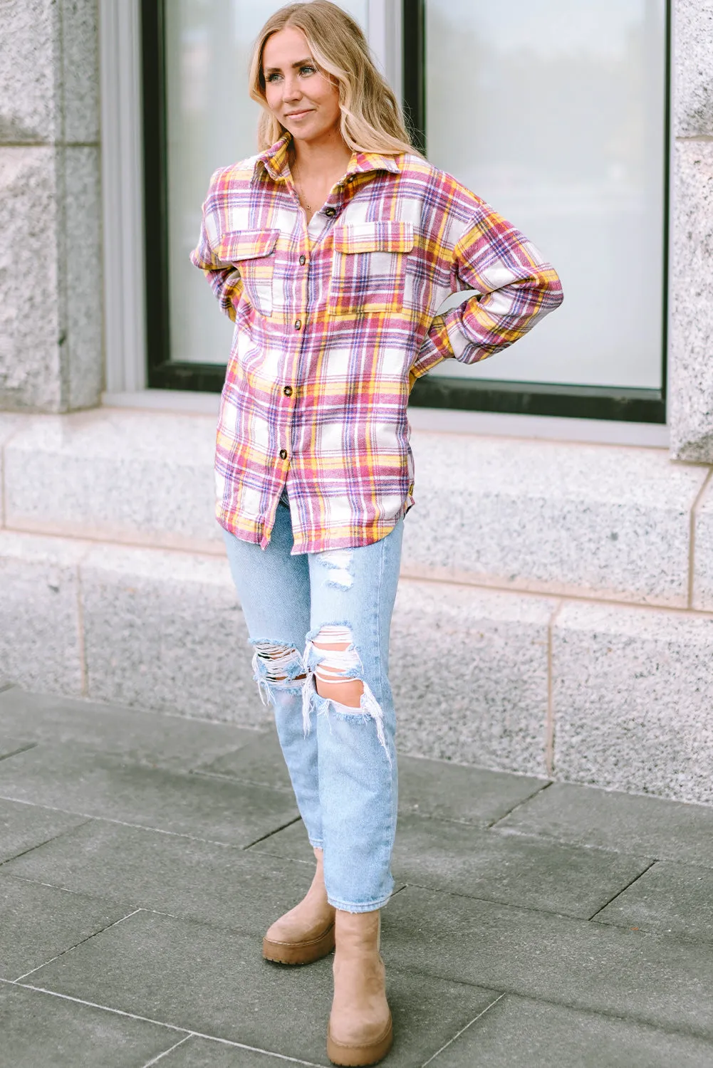 Plaid Rounded Hem Shirt Jacket