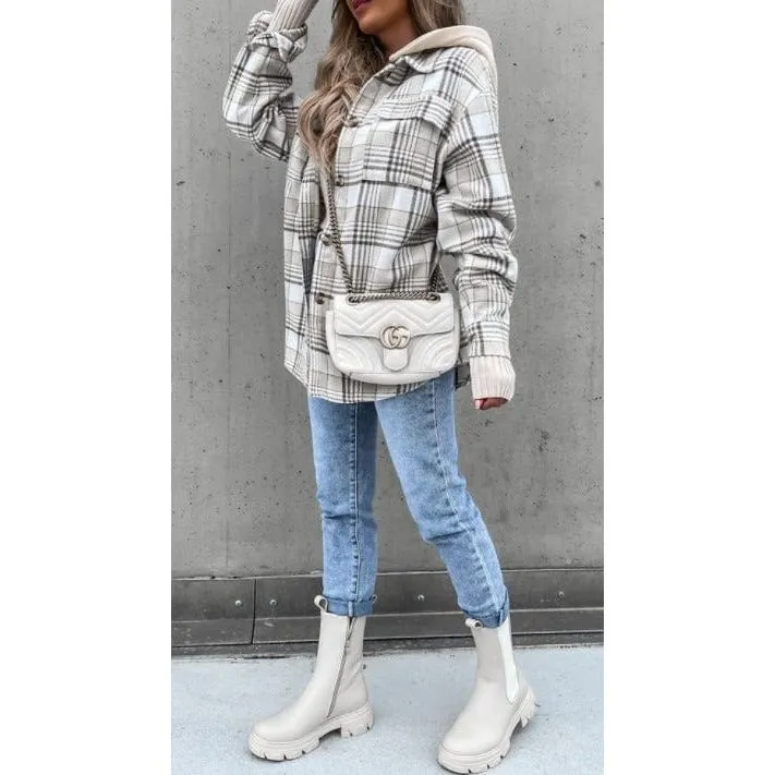 Plaid Shacket Jacket Coat With Detachable Hood