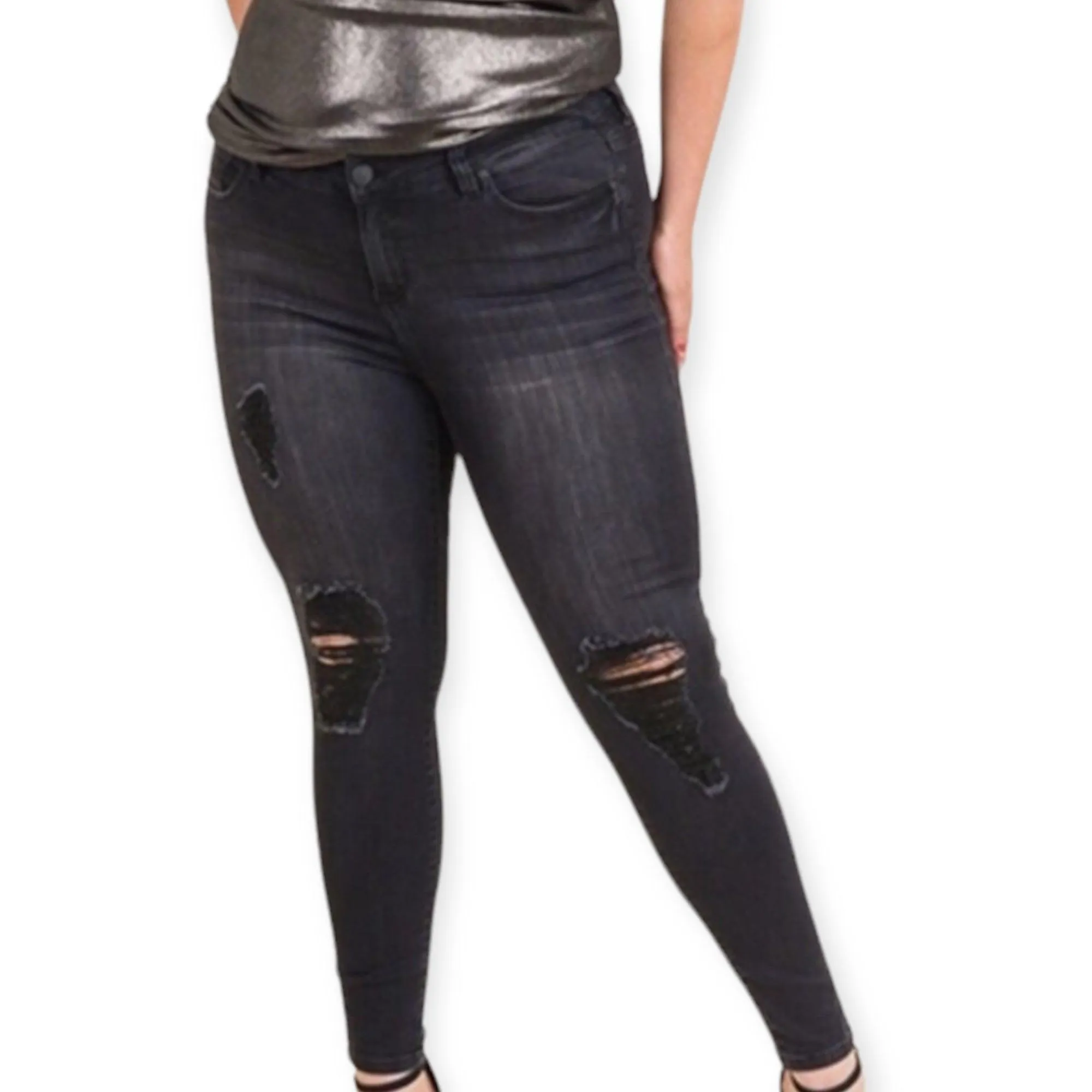 Plus Mid Rise Distressed Black Skinny Jeans