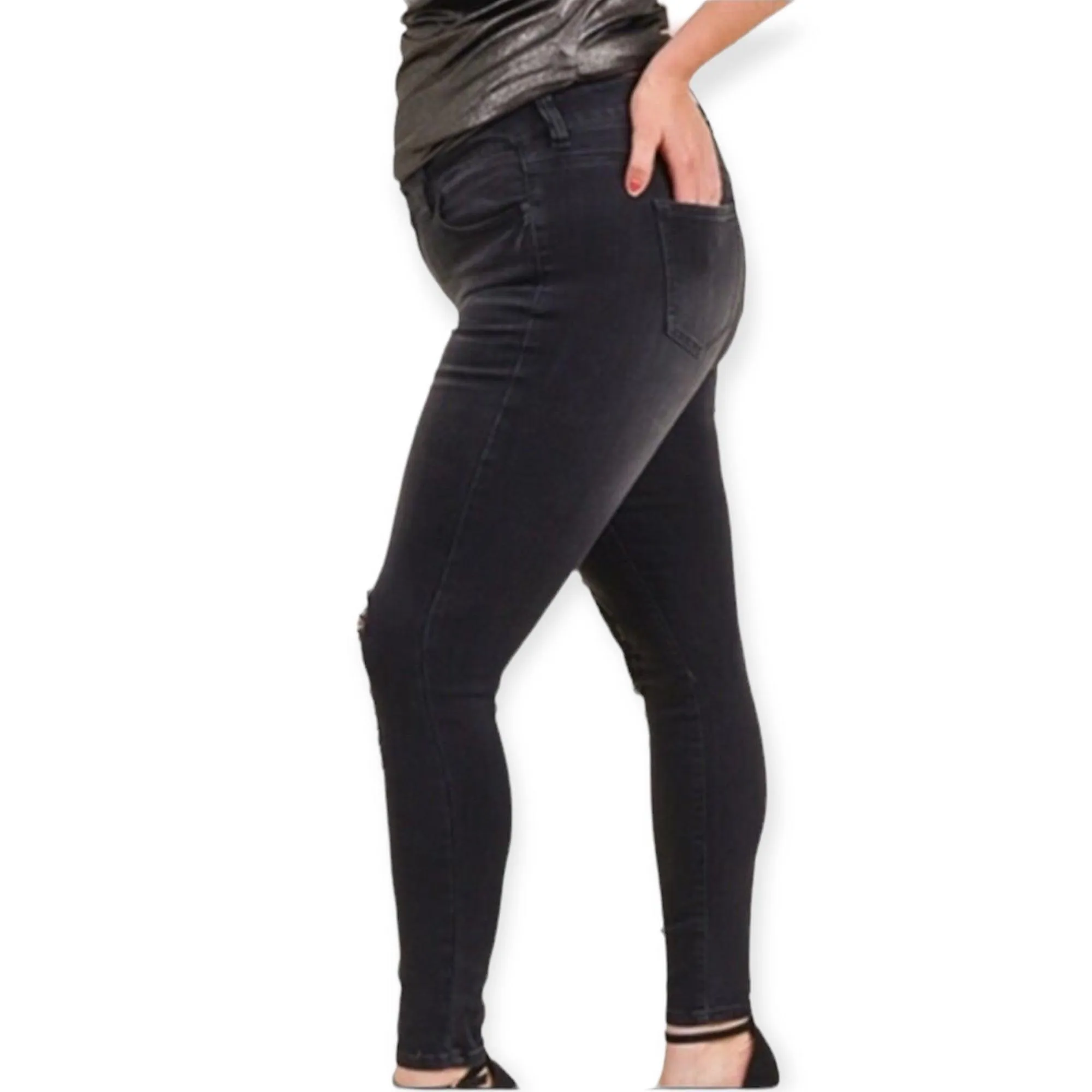 Plus Mid Rise Distressed Black Skinny Jeans