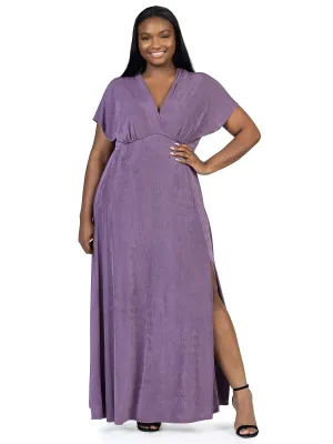 Plus Size Flutter Sleeve Metallic Knit Maxi Dress Front Slit Empire Waist