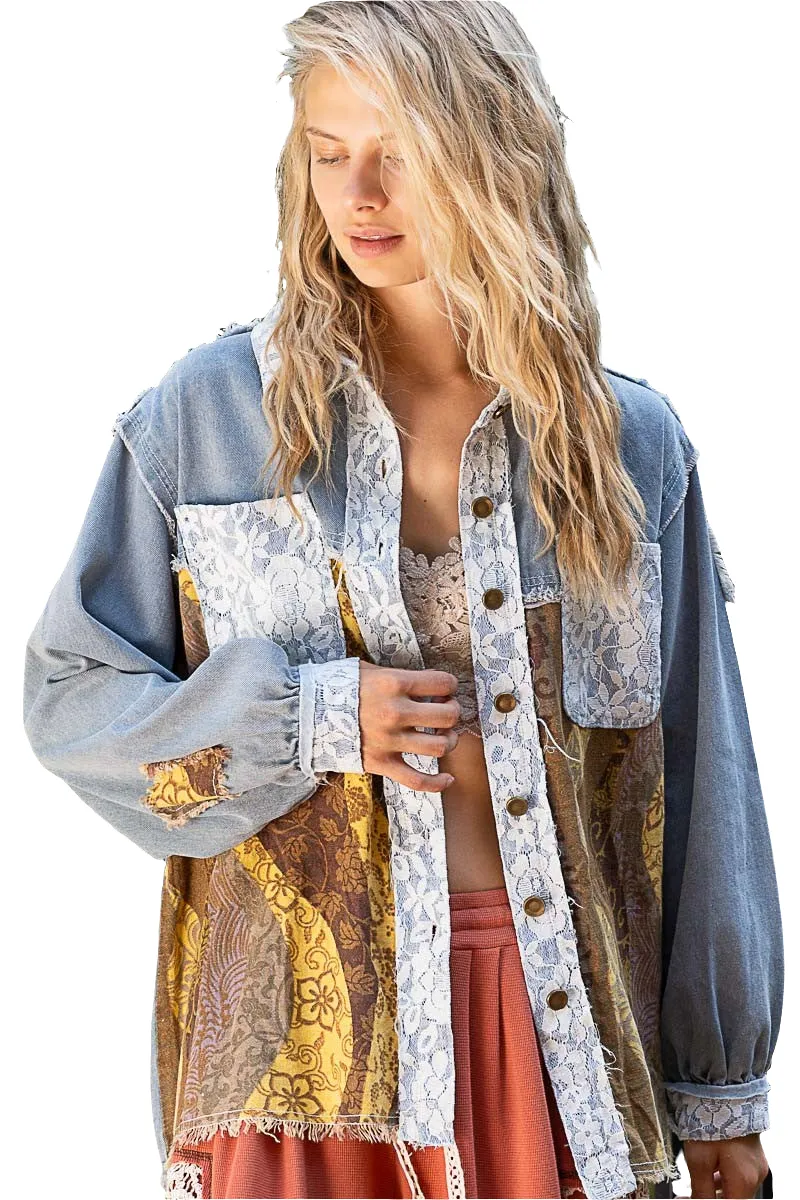 POL Denim Shacket Lace Boho Raw Twill Embroidered Floral Retro Patchwork Cotton Jacket