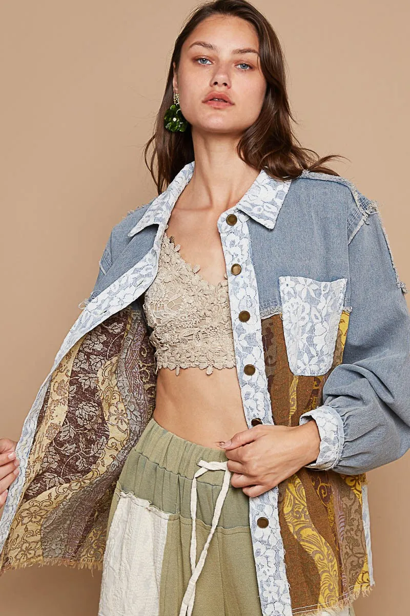 POL Denim Shacket Lace Boho Raw Twill Embroidered Floral Retro Patchwork Cotton Jacket