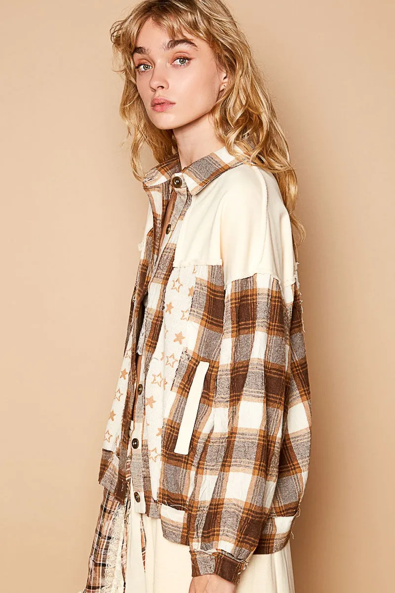 POL Shacket Star Plaid Bohemian Patchwork Exposed Raw Frayed Seam Oversized Jacket