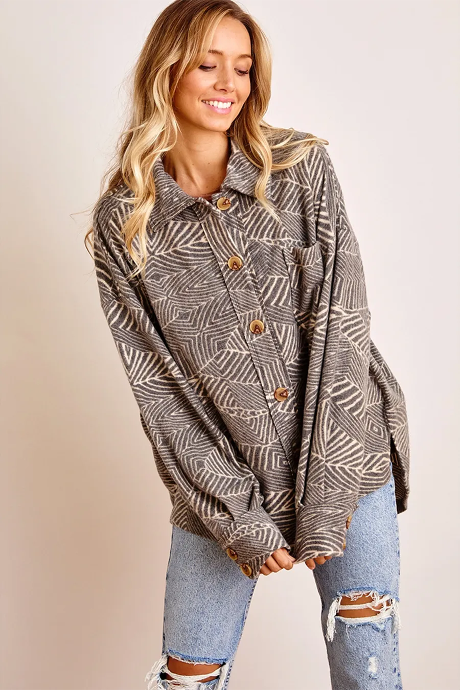 Printed Button Up Shacket | Charcoal