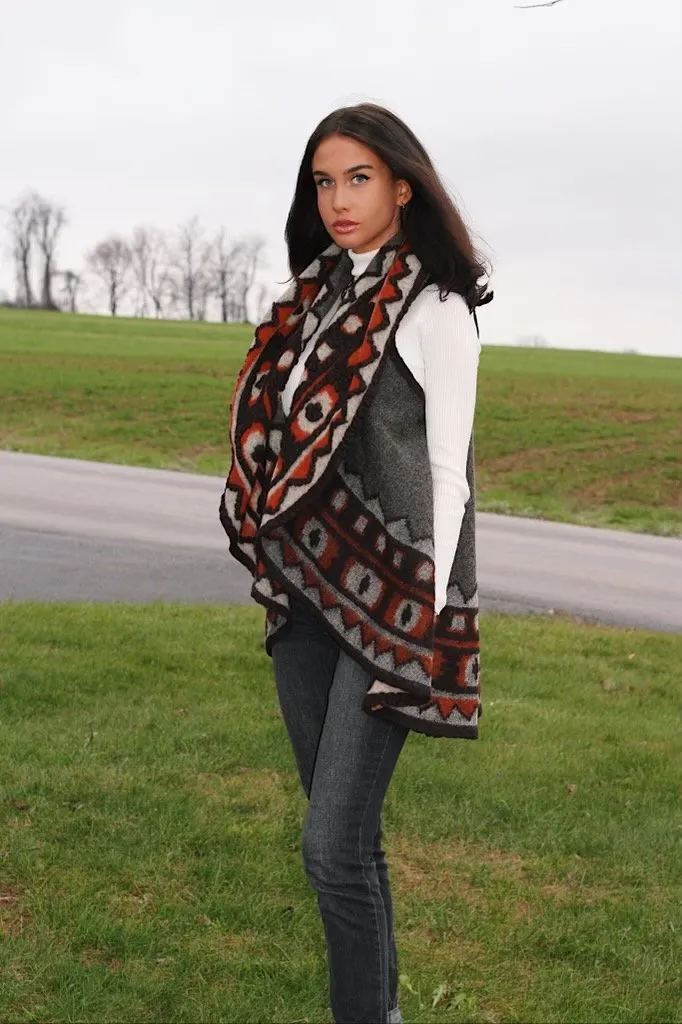 PV-7228W LETICIA - LEOPARD DESIGN BOILED WOOL PONCHO VEST PANEL. ITALY