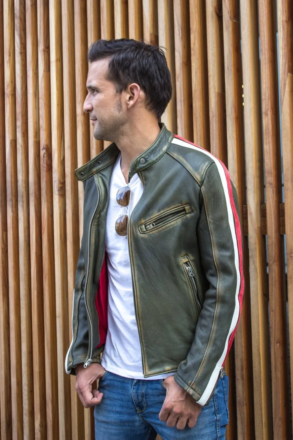 R80 AXE Leather Jacket - Washed Military Green w/ Stripes