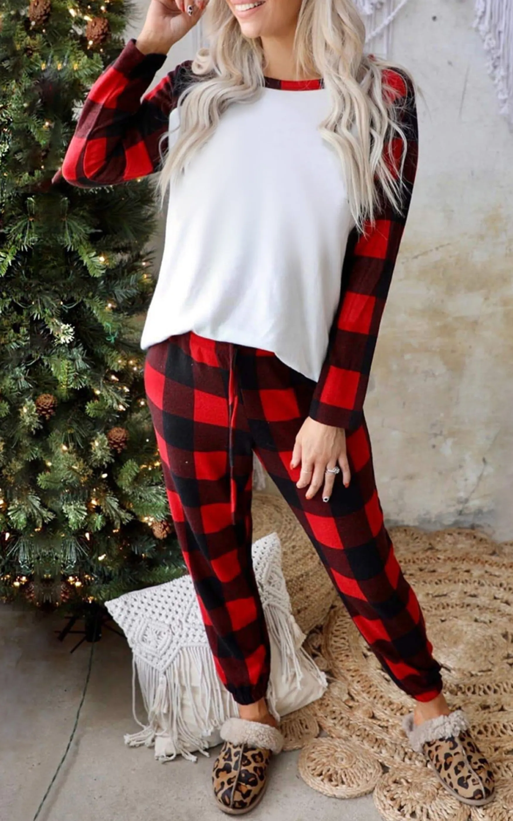 Red Plaid Raglan Sleeves Top And Drawstring Pants Lounge Set