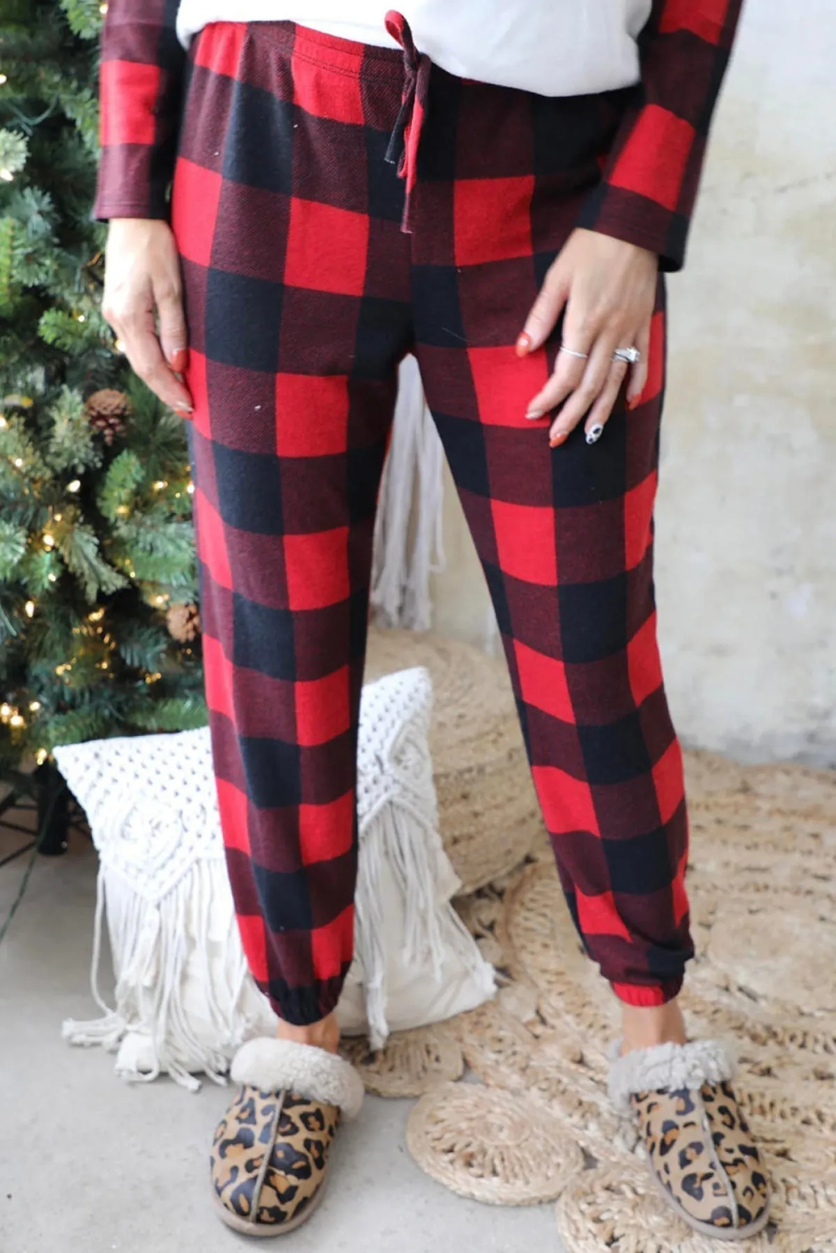 Red Plaid Raglan Sleeves Top And Drawstring Pants Lounge Set