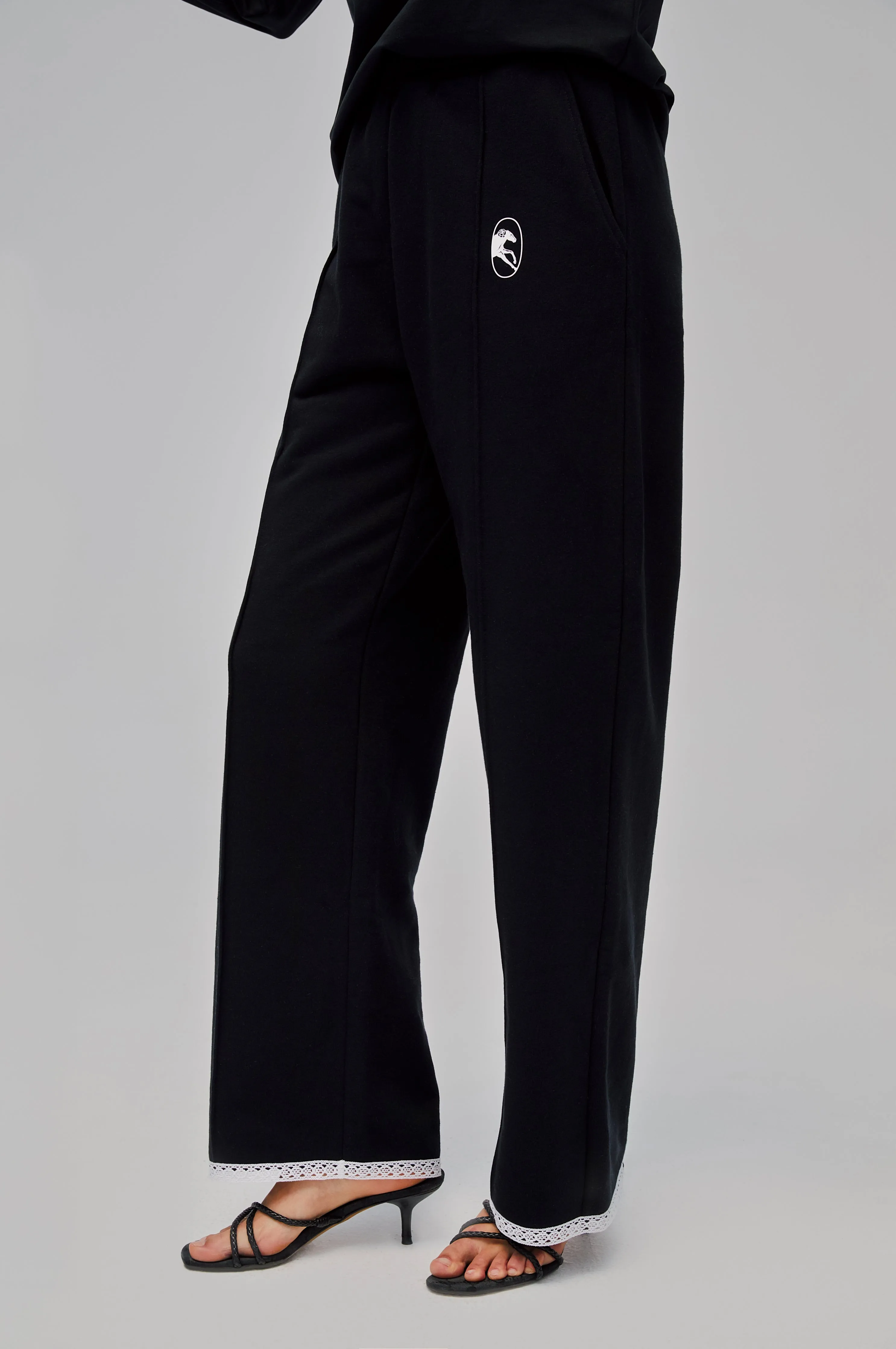 Relaxed Stretch-cotton Jersey Pants with Lace in Black