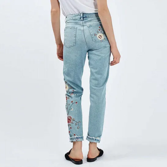 Retro Floral Embroidery Demin Skinny Jeans Woman ZA Pencil Pants Ripped Washed Zip Pocket Button Cozy Casual Slim Trousers femme