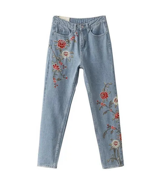 Retro Floral Embroidery Demin Skinny Jeans Woman ZA Pencil Pants Ripped Washed Zip Pocket Button Cozy Casual Slim Trousers femme