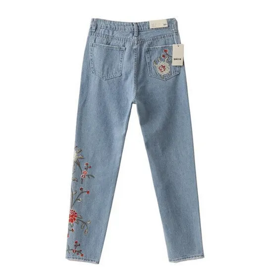 Retro Floral Embroidery Demin Skinny Jeans Woman ZA Pencil Pants Ripped Washed Zip Pocket Button Cozy Casual Slim Trousers femme