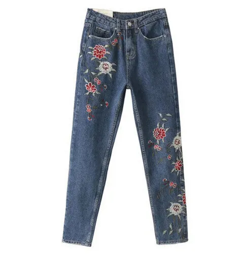 Retro Floral Embroidery Demin Skinny Jeans Woman ZA Pencil Pants Ripped Washed Zip Pocket Button Cozy Casual Slim Trousers femme