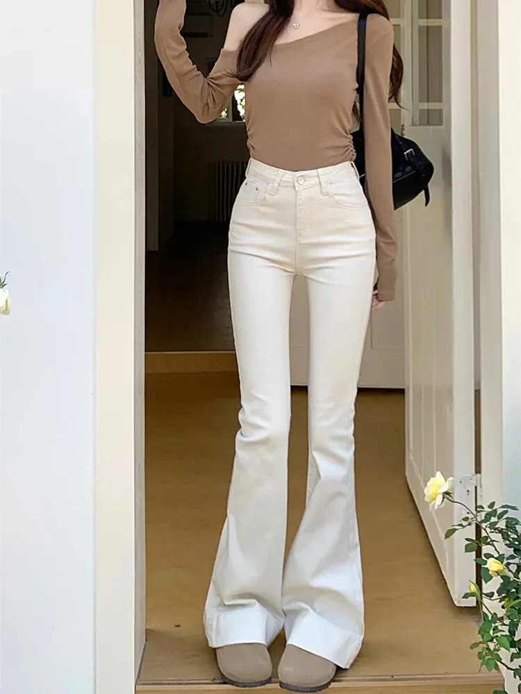 Retro Women 2024 Spring New Fashion High Waist Ladies Slim Fit White Bell-bottomed Jeans