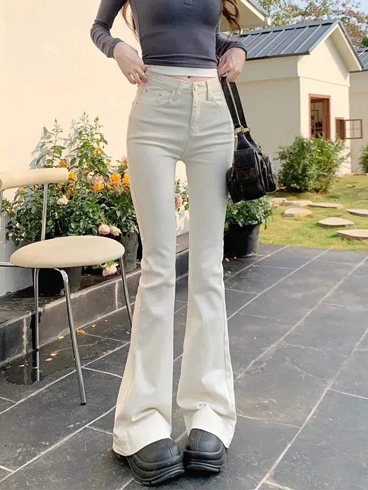 Retro Women 2024 Spring New Fashion High Waist Ladies Slim Fit White Bell-bottomed Jeans