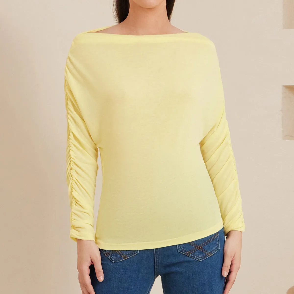 Ruched Batwing Sleeve Boat Neck Top