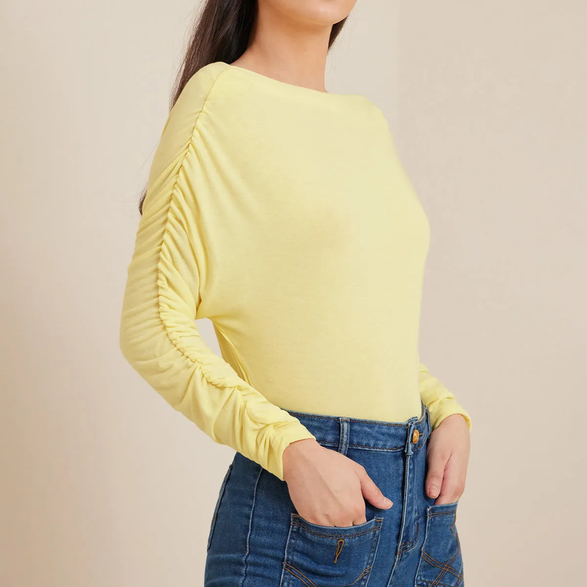 Ruched Batwing Sleeve Boat Neck Top