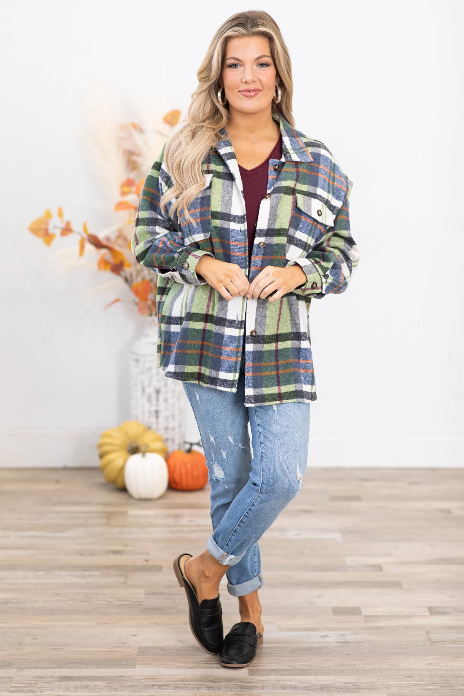 Sage and Orange Plaid Drop Shoulder Shacket