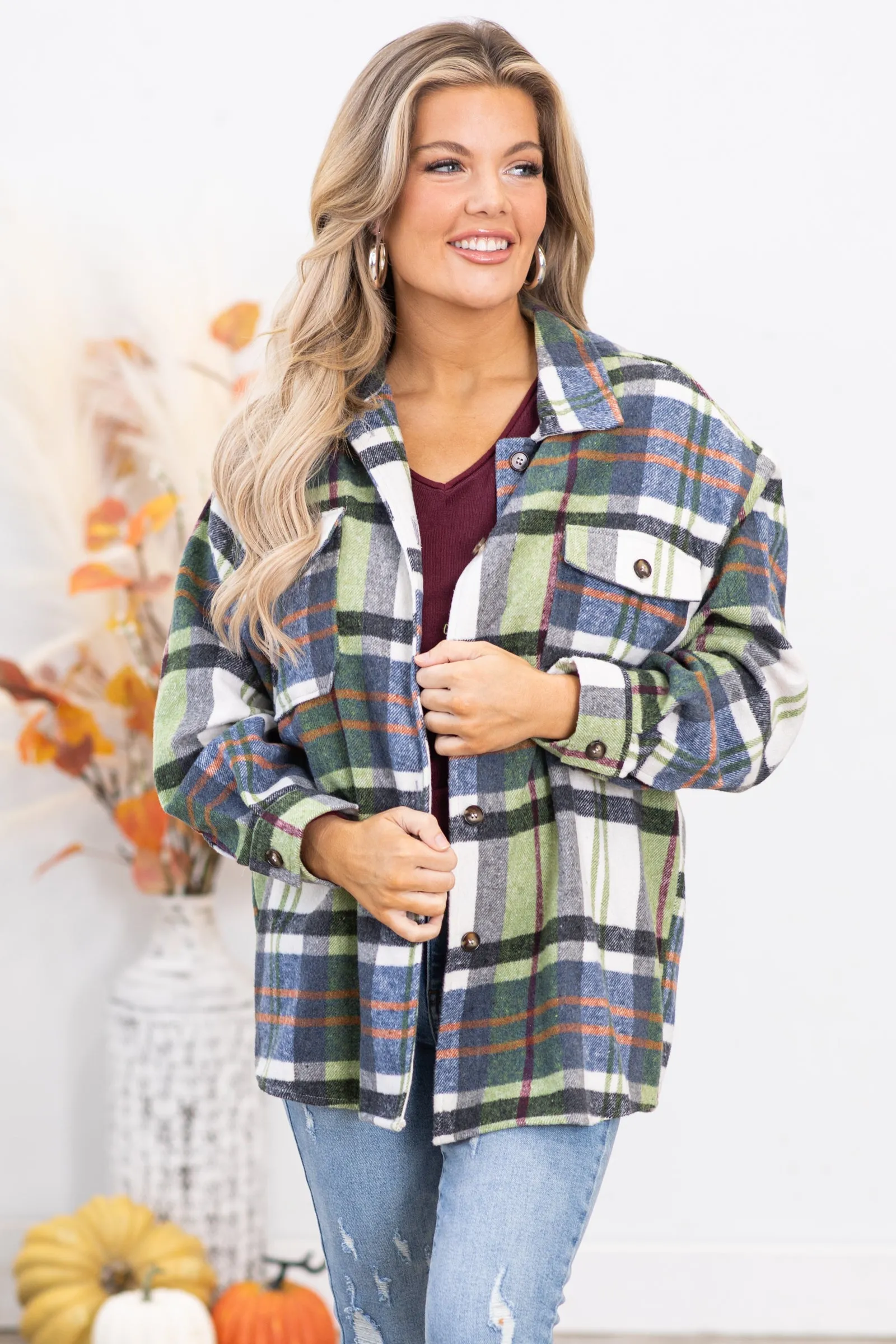 Sage and Orange Plaid Drop Shoulder Shacket