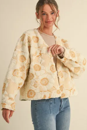 Selah Mustard Quilted Floral Sherpa Jacket