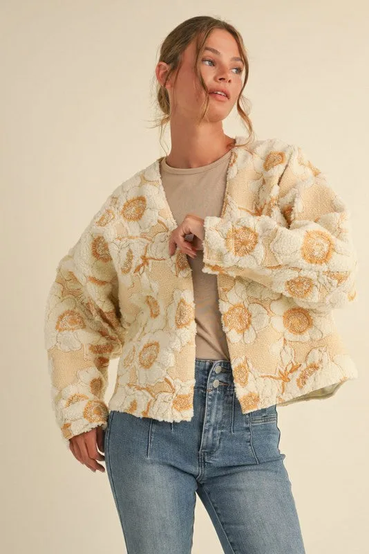 Selah Mustard Quilted Floral Sherpa Jacket