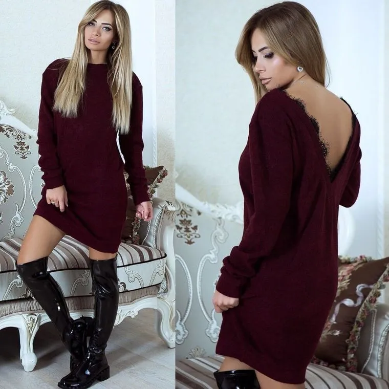 Sexy Lace Deep V-Neck Open Back Long Sleeve Knitted Dress