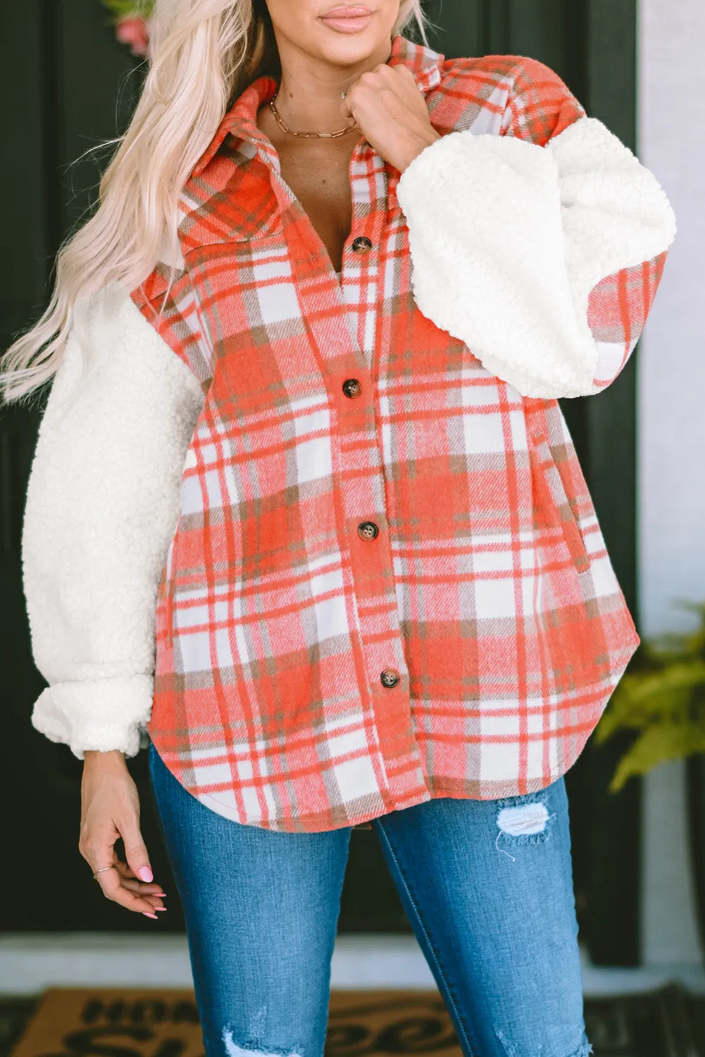 Sherpa Sleeve Plaid Print Shacket