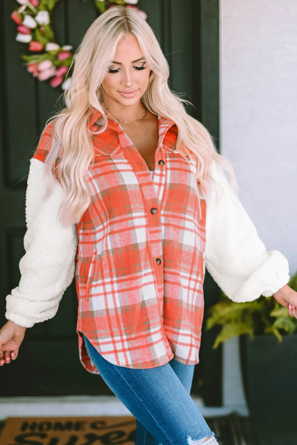 Sherpa Sleeve Plaid Print Shacket