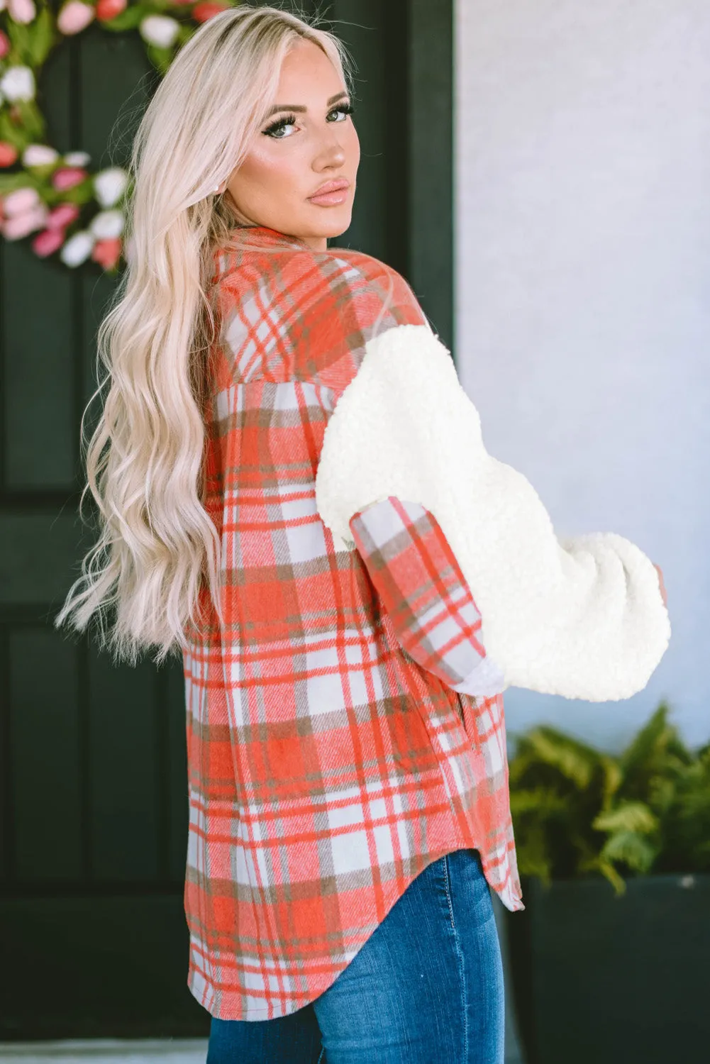 Sherpa Sleeve Plaid Print Shacket