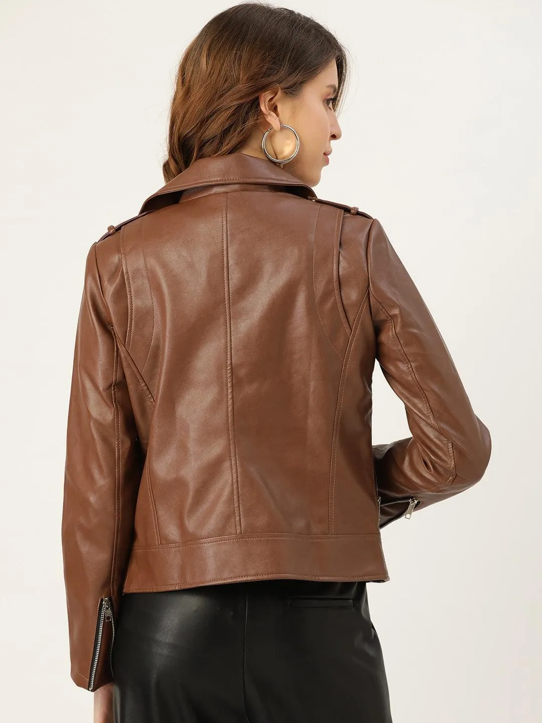 Shop Women Brown Lightweight Biker Jacket Online | QAWACH