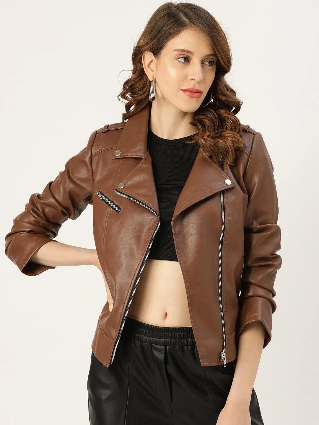 Shop Women Brown Lightweight Biker Jacket Online | QAWACH